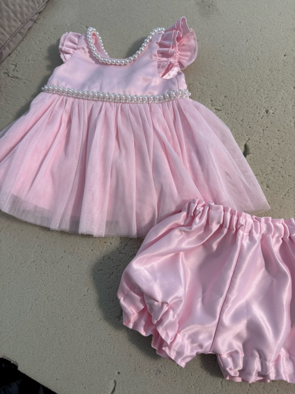 Baby Pink Pearl-Trim Tulle Dress & Bloomers